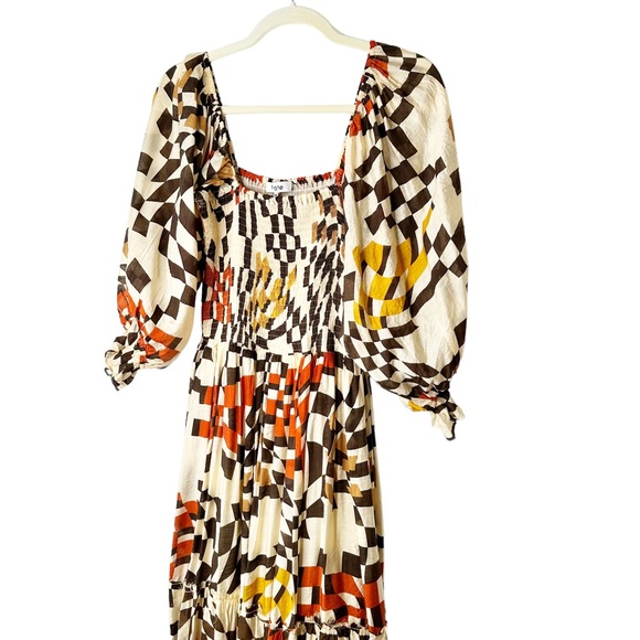 Fate Printed Pocketed Smocked Midi Dress Brown Multi Puffy Sleeves Square Neck M - Picture 13 of 16